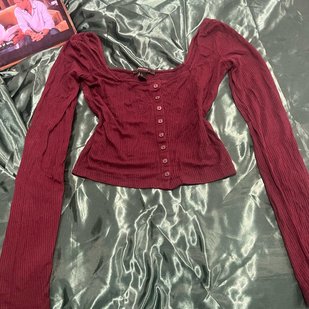 Forever 21 Burgundy Maroon Crop Button Up Long Sleeve Top Shirt
